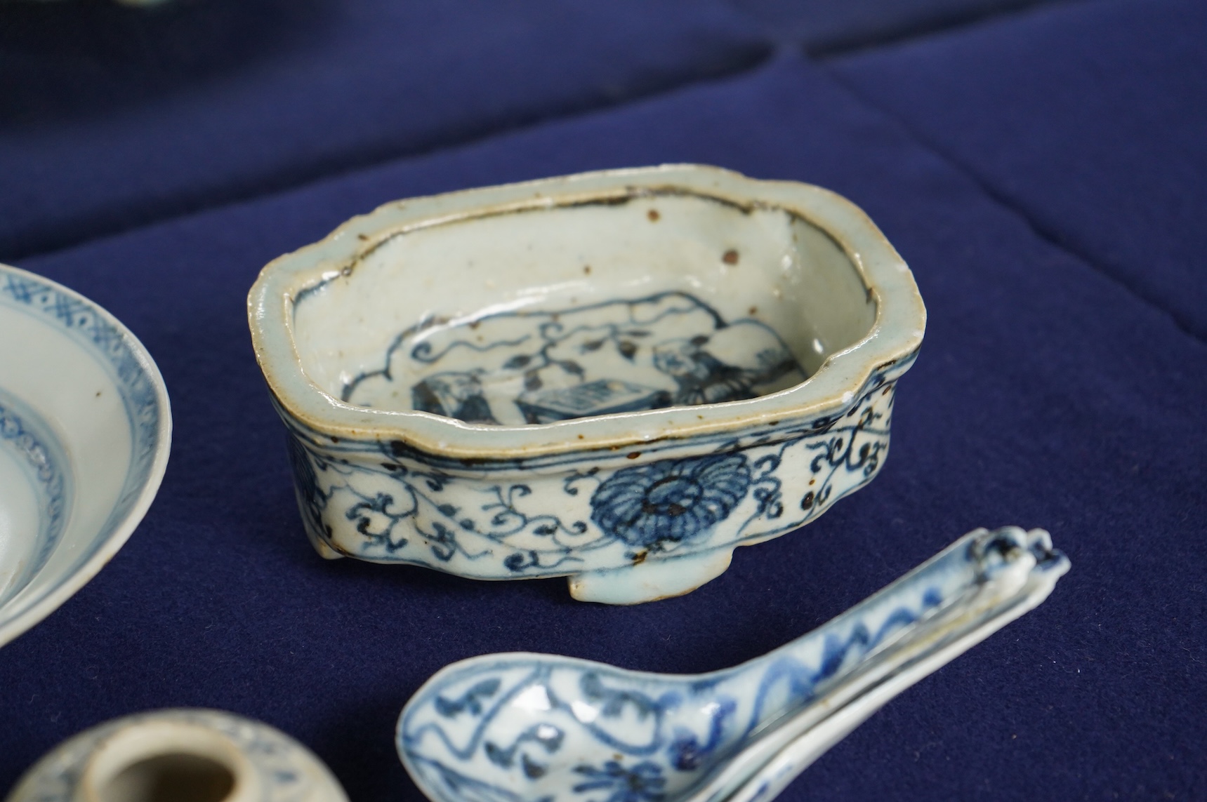 A group of Chinese and Annamese blue and white shipwreck ceramics, 16th–19th century together with a Ming style blue and white censer, largest- 12.5cm wide